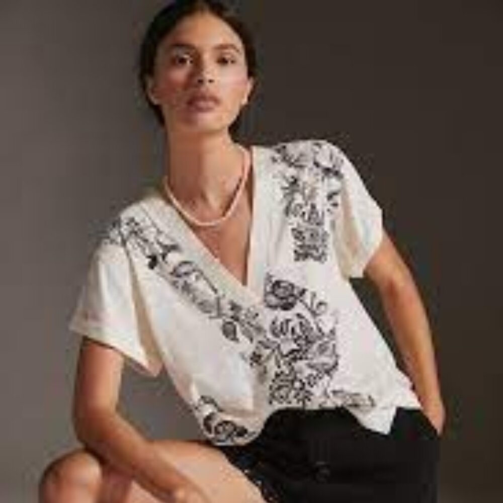 Daily Practice by Anthropologie V-Neck Short-Sleeve Top OSSA B & W NWT